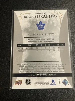 2016-17 Upper Deck Exquisite Collection Rookie Draft Day #RDD-AM Auston Matthews /199 (Black Diamond) back
