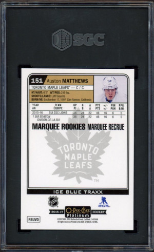 2016-17 O-pee-chee OPC Platinum Ice Blue Tract #151 Auston Matthews Marquee Rookies SGC 9.5 back