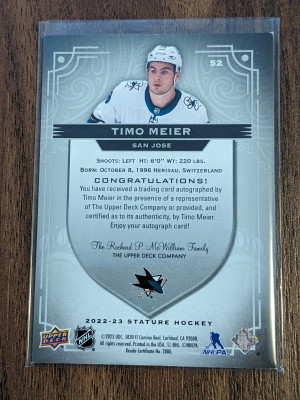 Timo Meier Stature Autograph back