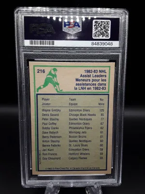 1983 OPC HOCKEY 216 WAYNE GRETZKY ASSIST LEADER PSA 7 NR MINT back