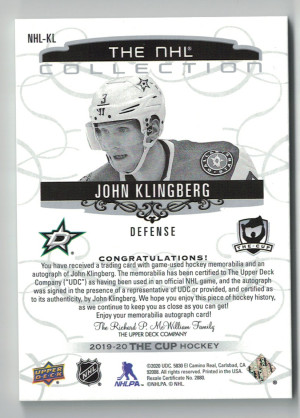 2019-20 Upper Deck The Cup Hockey  The NHL Collection John Klingberg 05/25 Autograph Patch back