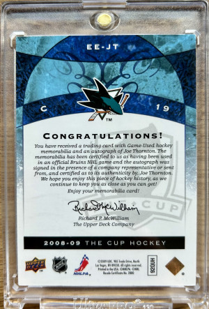 Joe Thornton 2008 Upper Deck The Cup Emblems of Endorsement Auto Patch 6/15 back