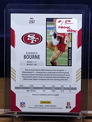 Score Kendrick Bourne #297 Orange Foil #/575 back