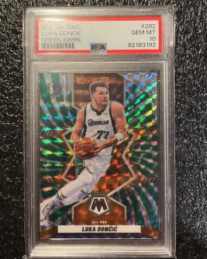 2021 Panini Mosaic Luka Doncic Green Swirl Prizm Mosaic/10 PSA 10 front