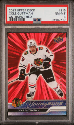 2023 Upper Deck Cole Guttman #216 Outburst Red PSA 8 front