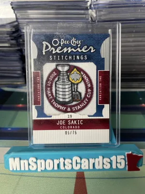2008-09 UD O-Pee-Chee Premier Joe Sakic Premier Stitchings Hart Trophy and Stanley Cup Winner 05/75 #PS-JS front