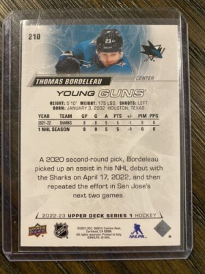 2022-23 Upper Deck Series 1 - Young Guns Thomas Bordeleau (RC) #210 Rookie back