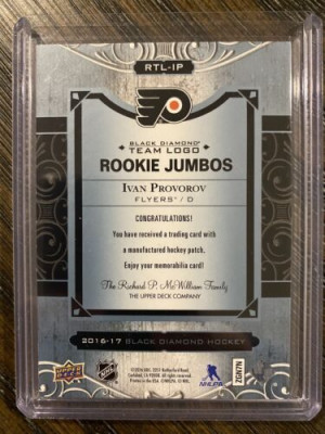 Ivan Provorov 2016-17 Black Diamond Team Logo Rookie Jumbo Flyers Card # RTL-IP back