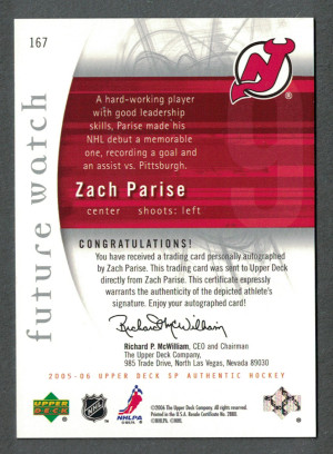 2005-06 Upper Deck Sp Authentic Future Watch Autograph Rookie Zach Parise 481/999 back