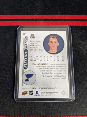 2020-21 SP Authentic Future Watch Auto Joel Hofer Rookie /999 #231 back