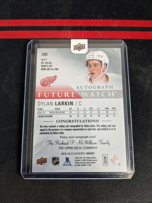 2015-16 SP Authentic Future Watch Auto /999 Dylan Larkin **UD SEALED** back