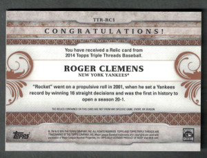 2014 Topps Triple Threads Baseball Roger Clemens Game Used Memorabilia Relic 10/27 "Rocket Roll" back