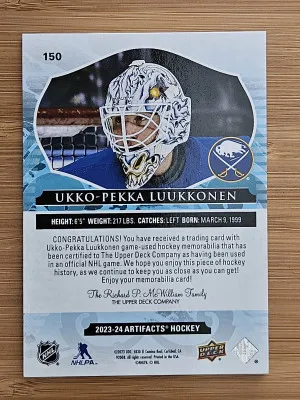 23-24 Artifacts Upper Deck Ukko-Pekka Luukkonen Patch 8/10 back