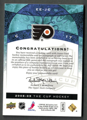 2008-09 Upper Deck The Cup Emblems Of Endorsements Autograph Patch Jeff Carter 14/15 back