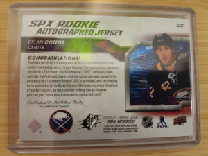 20-21 Spx Rookie Jersey Auto 014/165 Dylan Cozens back