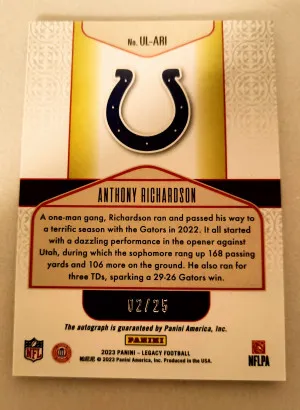 Anthony Richardson/Panini/Legacy/ under the lights/RC 2/25- AUTO back