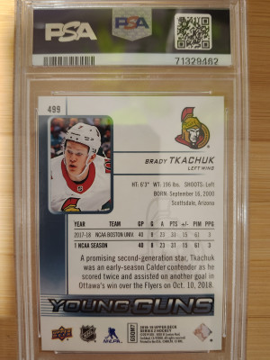 18-19 UD Young guns Brady Tkachuk PSA 9 back