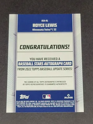 2022 Topps Updates Royce Lewis Rookie RC Auto back