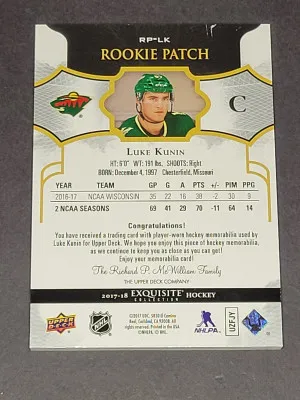2017-18 Upper Deck Exquisite Luke Kunin Rookie Patch RC back