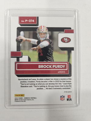 2022 Donruss Brock Purdy Optic Preview Green Mojo Prizm Rookie RC #P-374 back