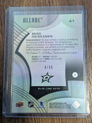 Miro Heiskanen Blue Line Auto 4 /35 2021-2022 upper deck allure Dallas Stars back
