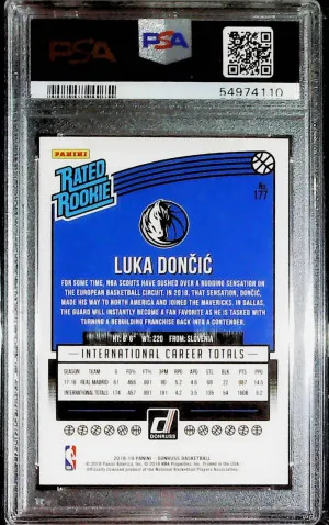 Luka Doncic 2018-19 Panini Donruss Rated Rookies #177 PSA 10 Rookie RC back