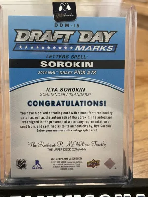 2021-22 Upper Deck SP Game Used Ilya Sorokin Draft Day Marks Rookies #/35 back