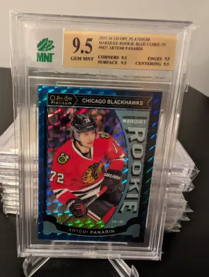 2015-16 O-Pee-Chee Platinum Marquee Rookie Blue Cubes #72/75, M25, Artemi Panarin front