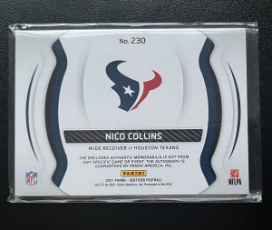 2021 Panini Certified Nico Collins Freshman Fabrics RPA /299 Auto 2-Color Patch back