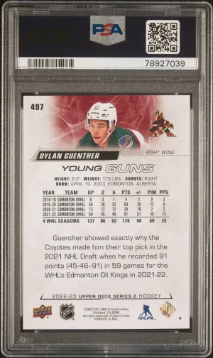 Dylan Guenter Young Guns Canvas PSA 10 2022-23 497 Arizona Coyotes back