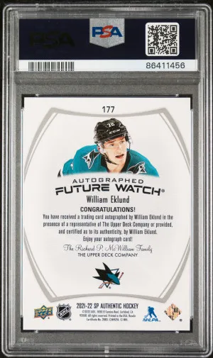 2021-22 Upper Deck SP Authentic WILLIAM EKLUND Future Watch Auto #177 PSA 10 back