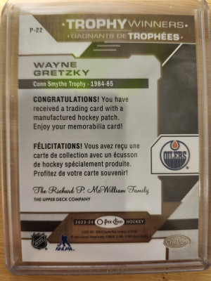 23-24 opc manufactured patch Trophy winners Conn Smythe Wayne Gretzky back
