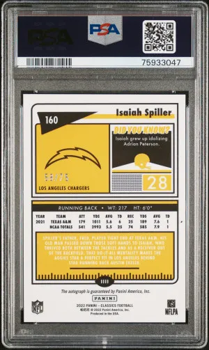 2022 Panini Classics Isaiah Spiller #160 PSA 10 back