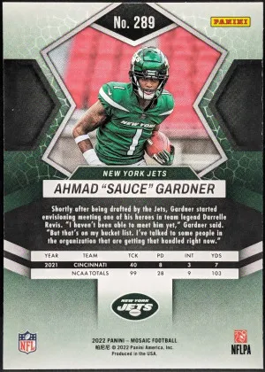 2022 Panini Mosaic #289 Sauce Gardner New York Jets RC [105|289] back