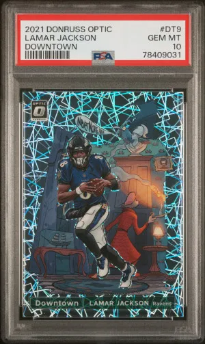 2021 Panini Donruss Optic Downtown Lamar Jackson #DT9 Parallel/Variety PSA 10 front
