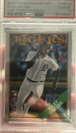 PSA 10 Baby! 2023 Topps Chrome Update Riley Greene 1988 PSA 10 Gem 88CU9 RC front