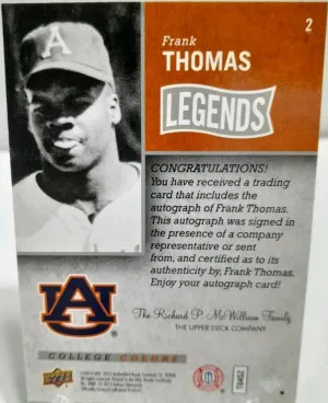 Rare!!! 2014 Upper Deck Legends College Colors Frank Thomas "Autographed" Card back