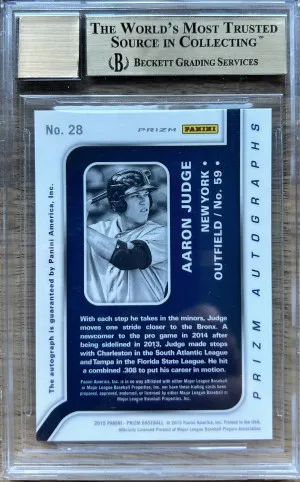 2015 Panini Prizm Autograph Prizms Aaron Judge #28 BGS 10 back