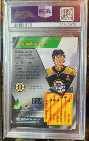 2022 Metal Universe Blue Precious Metal Gems PMG #RT-11 Brad Marchand 39/50 PSA9 back