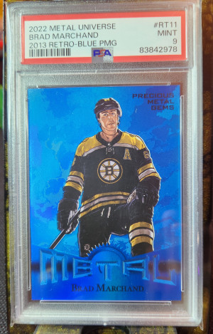 2022 Metal Universe Blue Precious Metal Gems PMG #RT-11 Brad Marchand 39/50 PSA9 front