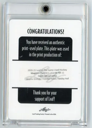 2020-21 Leaf in the Game Used Magenta Plate 1/1 Wayne Gretzky Gordie Howe Bobby Hull back