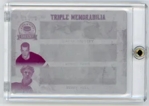 2020-21 Leaf in the Game Used Magenta Plate 1/1 Wayne Gretzky Gordie Howe Bobby Hull front