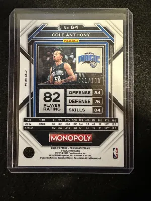 2022 Prizm Monopoly Cole Anthony Red Cash Shimmer 21/100 back
