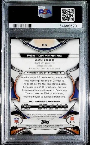 Peyton Manning 2015 Topps Finest #66 Red Refractor /99 PSA 9 Mint back