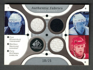 2005-06 Upper Deck Sp Game Used Authentic Fabrics Triple Jersey Ilya Kovalchuk, Markus Naslund, Cory Stillman 18/25 front