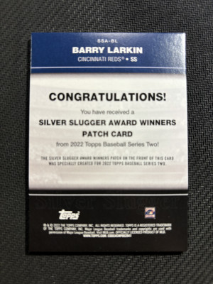 2022 Topps Series 2 Barry Larkin Silver Slugger Commemorative Patch back