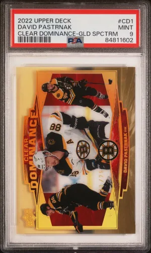 2022 Upper Deck Extended Series Clear Dominance Gold 23/25 David Pastrnak PSA 9 front