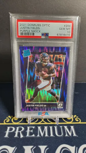 2021 Optic Rated Rookie Justin Fields Purple Shock PSA 10 front