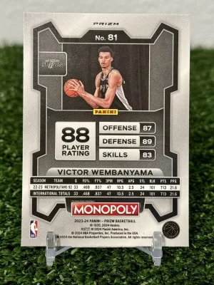 2023-24 Panini Prizm Victor Wembanyama RC Rookie Card Purple Wave Monopoly Spurs back