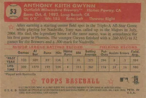 Tony Gwynn Jr. 2006 Topps '52 Rookies #53 SN,AU Baseball back